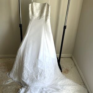 David's Bridal White Gown with Gold Accents